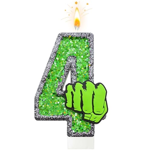 Number 4 Birthday Candle - Green Hero Fist Glitter Cake Topper