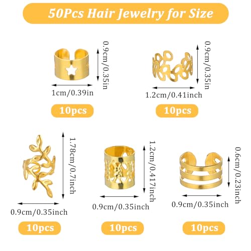 Tyqour 50Pcs Gold Hair Jewelry for Braids & Dreadlock Cuffs
