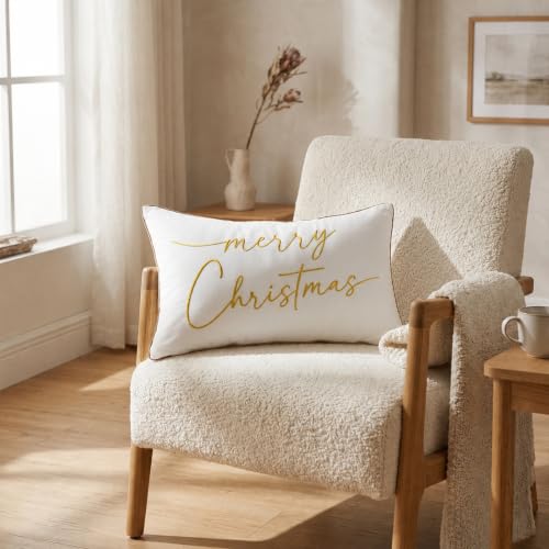 ONWAY Merry Christmas Embroidered Pillow Cover 12x20 White Gold Holiday Decor