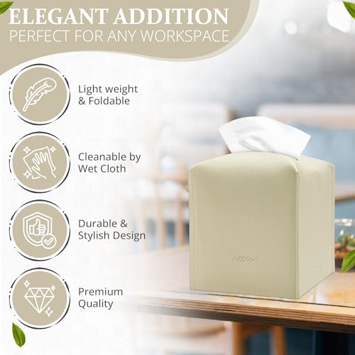 AZORMI Faux Leather Tissue Box Cover with Bottom Belt - Modern Square Design, Wide Opening, Beige