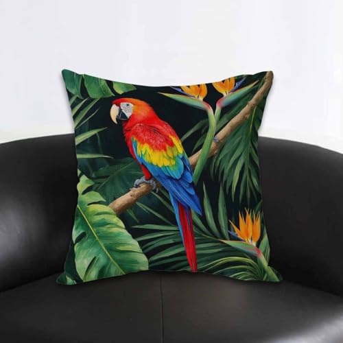 Watercolor Parrot Throw Pillow Cover - 18x18 Inch Cotton Linen Cushion