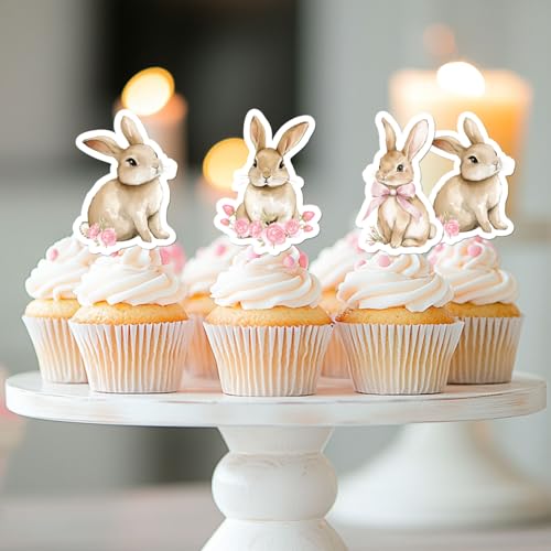 36 Pcs Bunny Cupcake Toppers with Pink Bow - Floral Rabbit Theme Decorations
