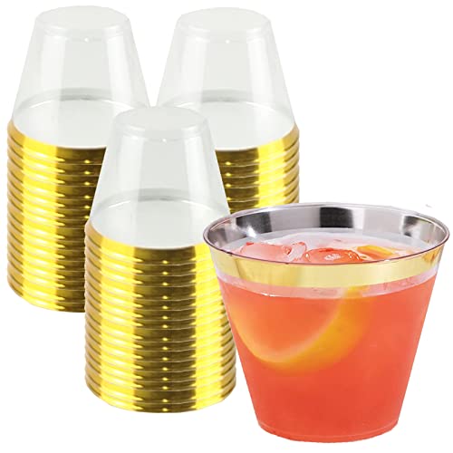 QPEY 50 Pack Gold Rimmed Disposable Party Cups - 9 Oz Elegant Wine Glasses