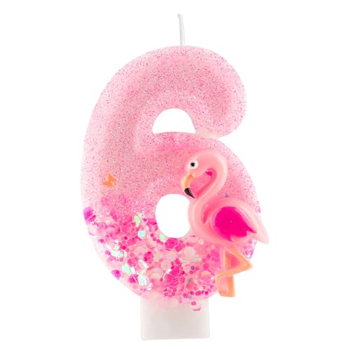Flamingo Number 6 Birthday Candle - Pink Glitter Cake Topper Decoration