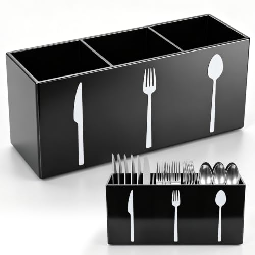 Saiveina 3-Compartment Silverware Organizer - Space-Saving Cutlery Caddy for Kitchen Utensils (Black)