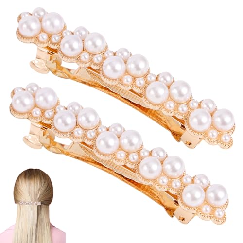 Pearl Hair Clips for Women Gold Metal Snap Barrettes 2-Pack
