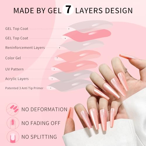 Pink Cat Eye Press On Nails Long Coffin Soft Gel False Nails Kit