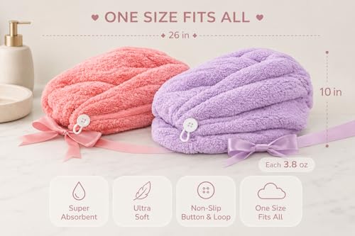 ADOGO Microfiber Hair Towel 2 Pack - Pink & Purple Drying Wraps for All Hair Types