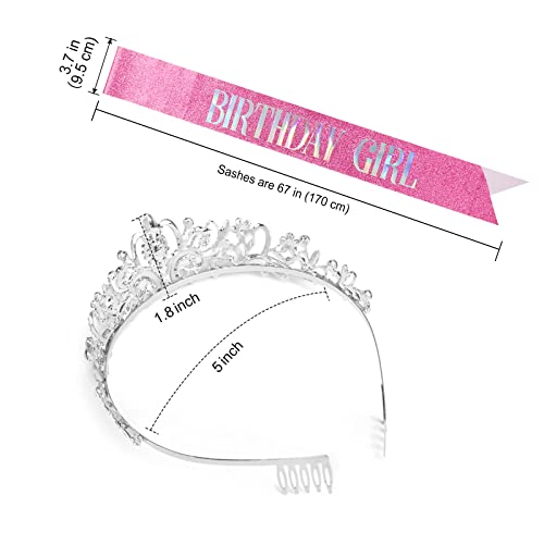 COCIDE Birthday Girl Pink Sash and Crystal Rhinestone Tiara Set