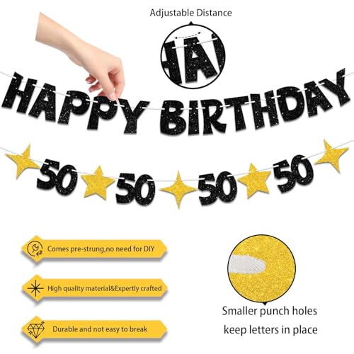 Happy 50th Birthday Banner, Black and Gold Pre-Strung Party Decoration