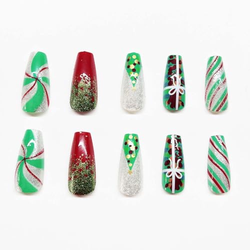 LINMEIZAI Short Square Christmas Press on Nails Glitter False Acrylic Kit
