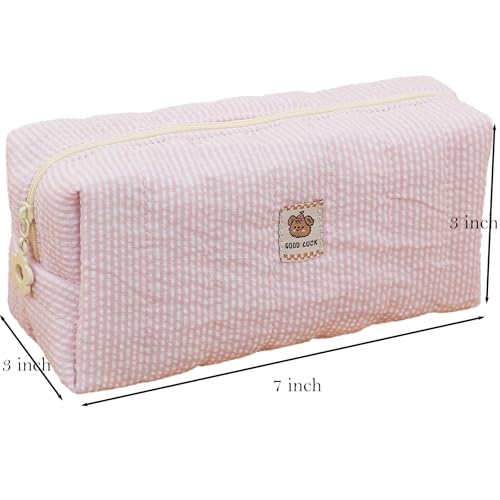 Seersucker Pink Striped Makeup Bag Quilted Cosmetic Pouch 7x3x3