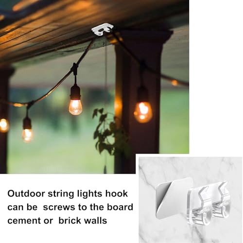 FALDAA 50Pcs Outdoor Light Clips, Heavy Duty Waterproof Double-Hook Hangers with Adhesive Strips and Screws for Patio String Lights