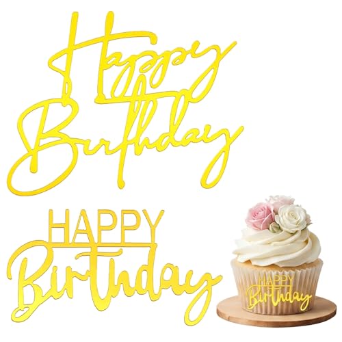 Gold Happy Birthday Cupcake Toppers - 12 Pcs Acrylic Decor