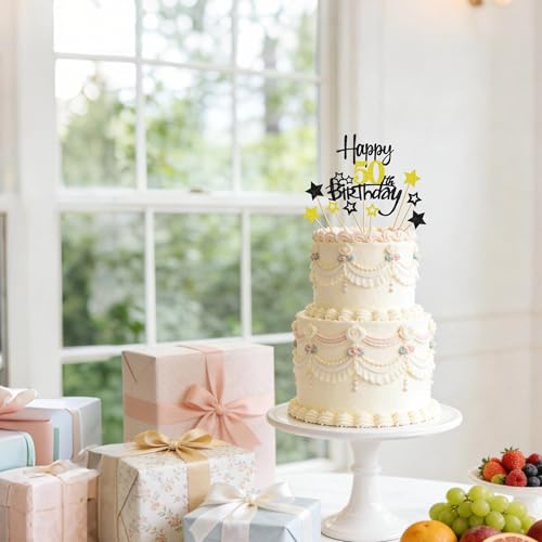 Black and Gold 50th Birthday Cake Topper Set - 9 Piece Glitter Decor