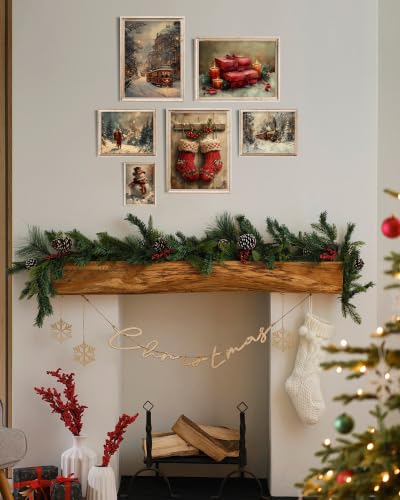 Christmas Wall Art Decor Set of 6 - Unframed Retro Santa Claus Prints, 14x11 Inches