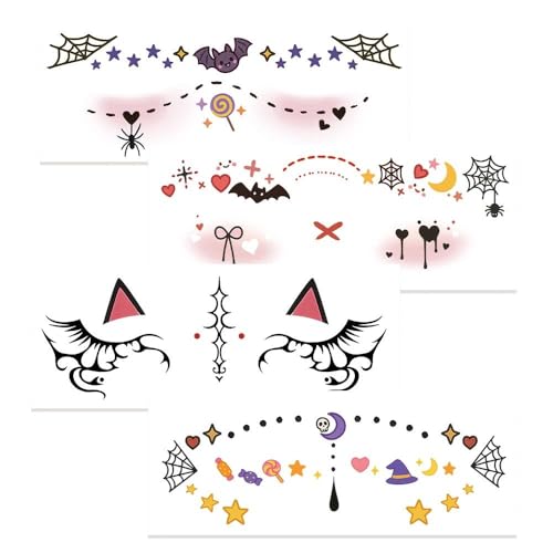 Ancnoz Cute Face Temporary Tattoos Halloween Makeup Stickers 4Pcs