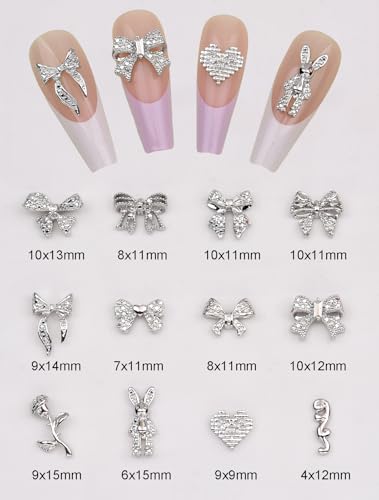 Black Metal Nail Charms 120pcs 3D Bow Rose Heart Nail Studs Y2K Alloy