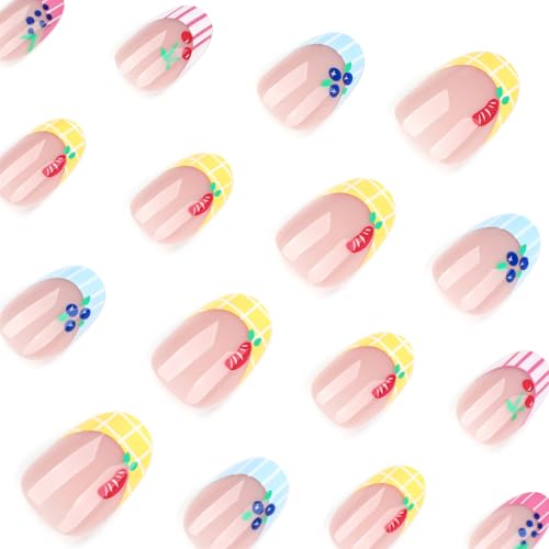 Short Almond Press on Nails with Fruit Designs French Tip Fake Nails