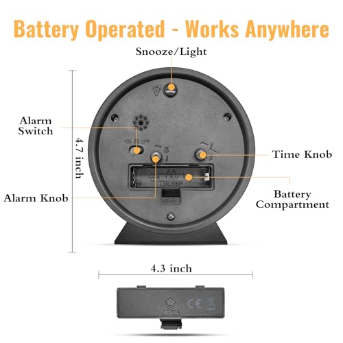 4.5 Inch Black Silent Analog Alarm Clock with Night Light