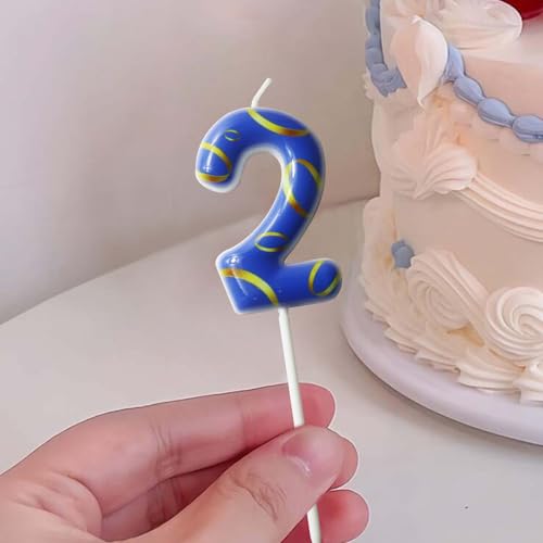 Blue Golden Numeral Birthday Cake Candle 2, Cupcake Decor