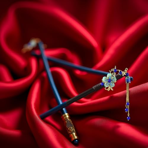 Blue Wooden Hair Stick Vintage Tassel Floral Hairpin for Updos Hanfu