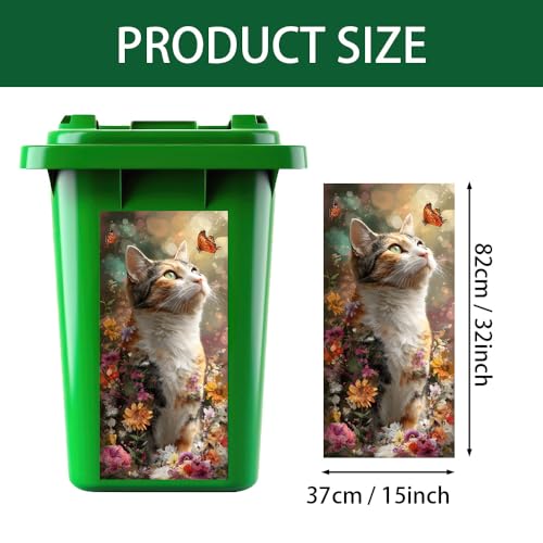 Cat and Butterfly Trash Can Sticker - 15x32 Inch PVC Decal