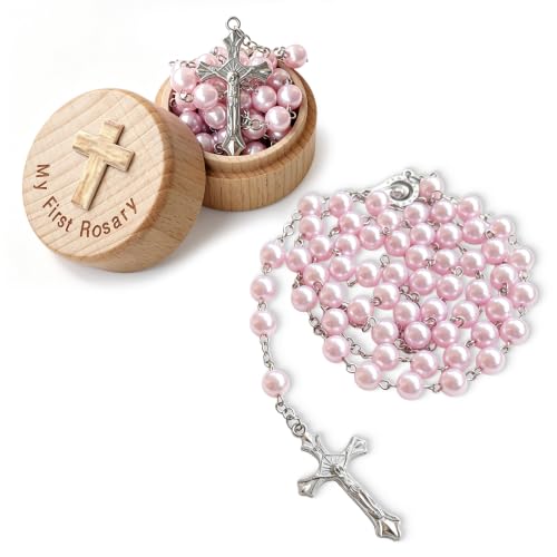 Pink Baptism Keepsake Rosary and Wooden Box Gift for Girls