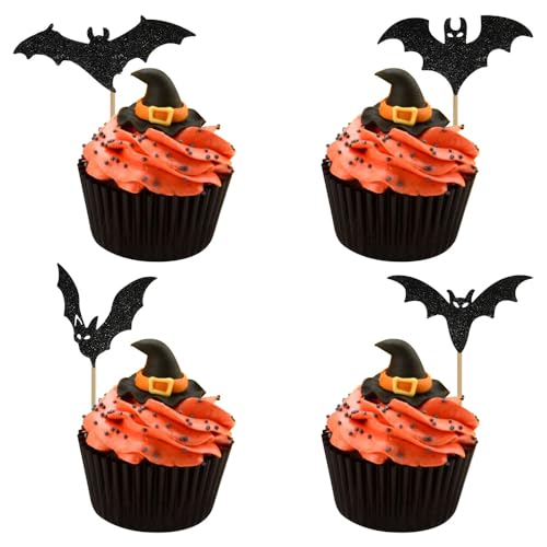 Halloween Cupcake Toppers - 12 Black Glitter Bat Picks for Parties