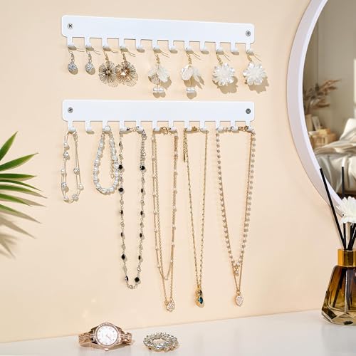 Wall-Mounted Necklace Organizer with Hooks - 2 PCS White Jewelry Holder