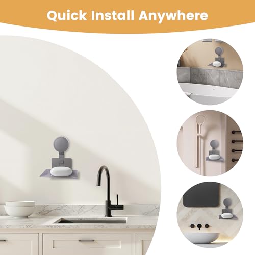 HASSLICKIT Suction Cup Soap Holder - Rustproof Wall Mounted Dish, Matte Grey