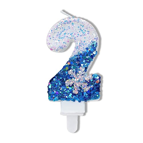 Blue Glitter Snowflake Birthday Number 2 Candle - Elegant Party Decor