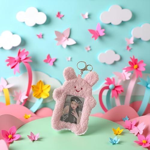 Pink Cute Plush Photocard Holder with Keychain Cartoon Animal Photo Sleeve