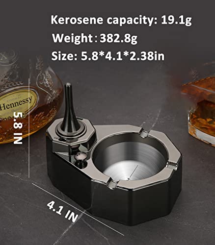 Black Stainless Steel Cigarette Ashtray with Refillable Match Lighter - Gift for Men
