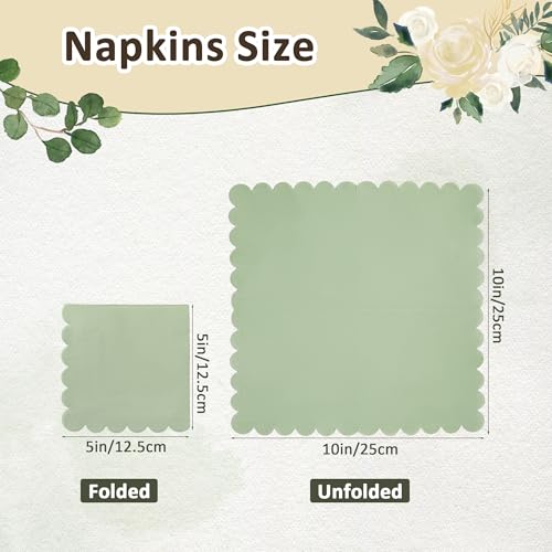 100 Pcs Sage Green Scalloped Cocktail Napkins - 5x5 Inches Disposable for Parties