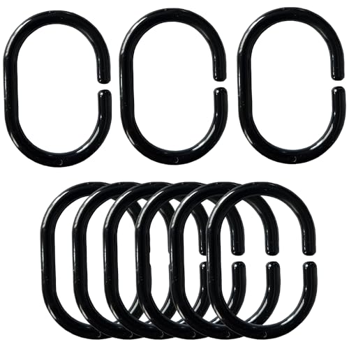 Black Plastic Shower Curtain Rings Hooks - 24 Pack for Bathroom Waterproof Rod