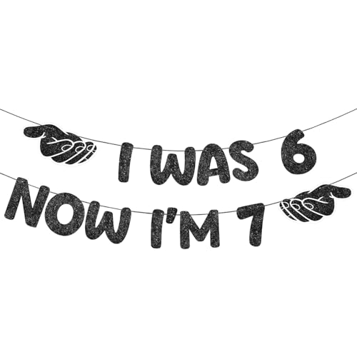 Fulmoon Black 7th Birthday Glitter Banner | Pre-Strung I Was 6 Now I'm 7