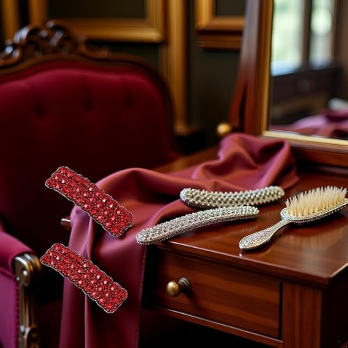 ZLmoue Red Rhinestone Snap Hair Clips Rectangular Korean Barrettes 2Pcs