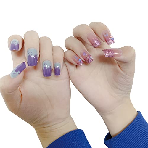 DOPI Long Soft Gel Acrylic Press On Nails - Purple Butterflies 24-Piece Kit