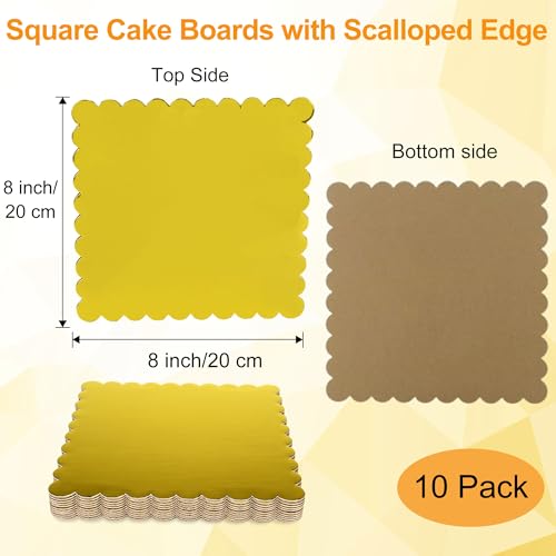 Dulinkas 8 Inch Square Gold Cake Boards with Scalloped Edge - 10 Pack