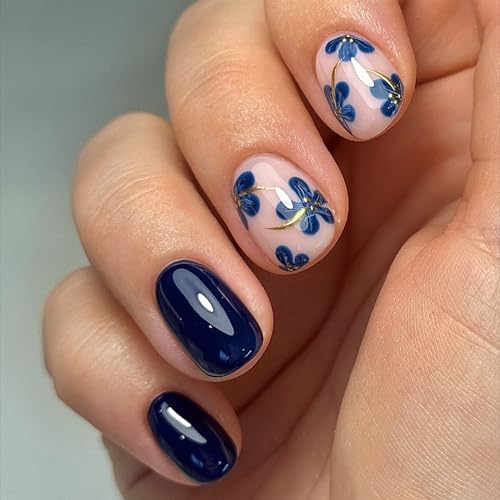 Toypoels Dark Blue Flower Press on Nails Short Square Acrylic False Nails