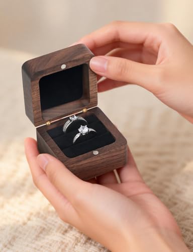 Black Wooden Ring Box - 2 Slot Square Engagement Ring Holder Case
