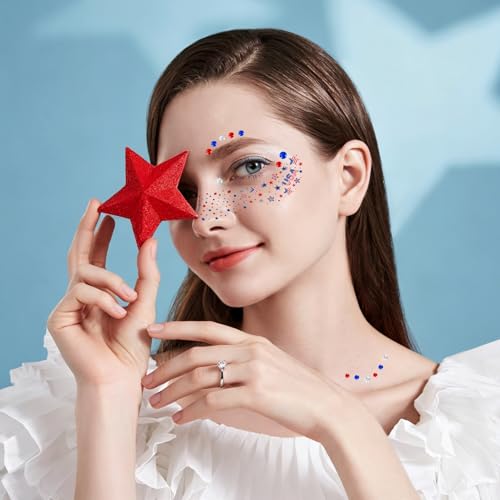 HOWAF Patriotic Glitter Freckles Temporary Tattoos & Face Gems 14-Piece Set