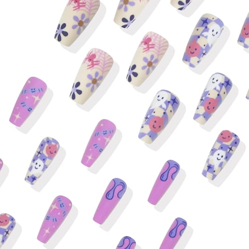 Ghost Press on Nails Long Coffin Glossy Pink Halloween False Nails 24Pcs