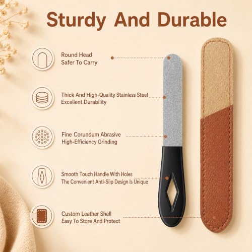 Skrfren Metal Nail File 2 Pack with Leather Case, 3.5 Inch Stainless Steel Fine Grit Travel Nail Files for Natural Nails