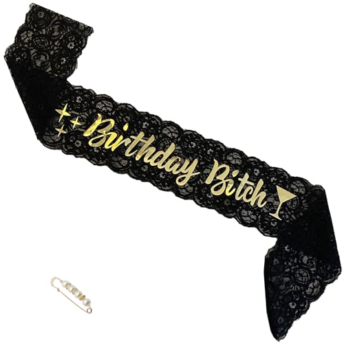 Black 'Birthday Bitch' Lace Sash with Pearl Pin for Women