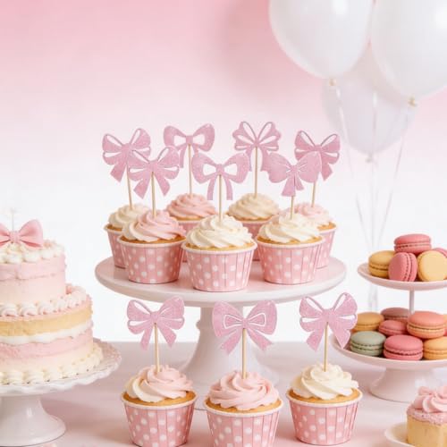 24 PCS Bow Cupcake Toppers for Birthday Party Decorations