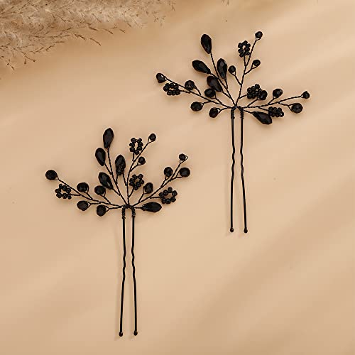 Teyglen Black Crystal Bridal Hair Pins Set of 2 Wedding Rhinestone Hair Pieces