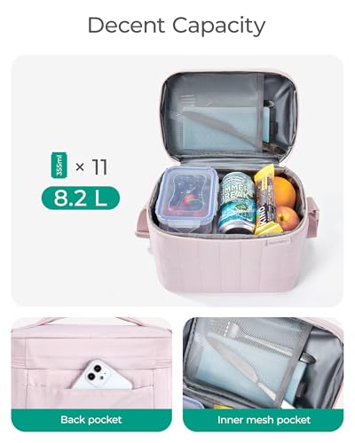 BAGSMART Insulated Lunch Bag for Women, 8.2L Quilted Lunch Box - Dusky Pink