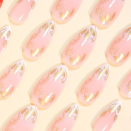 WLGDLH Red & White French Short Almond Press on Nails with Fall Maple Leaf Design - 24 Pcs